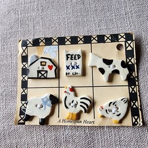 Vintage Homespun Heart Farm Theme Chicken Cow Sheep Ceramic Button Set